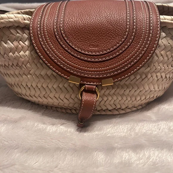 Chloe Marcie leather & raffia Tan Woven shoulder Bag basket crossbody - Picture 9 of 16